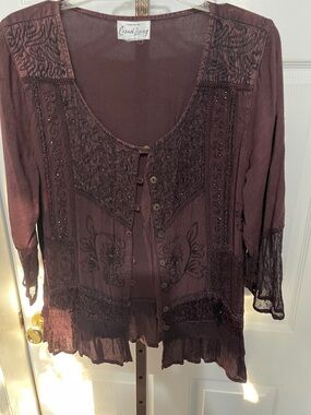 Women's Embroidered Plum Button-Front Top